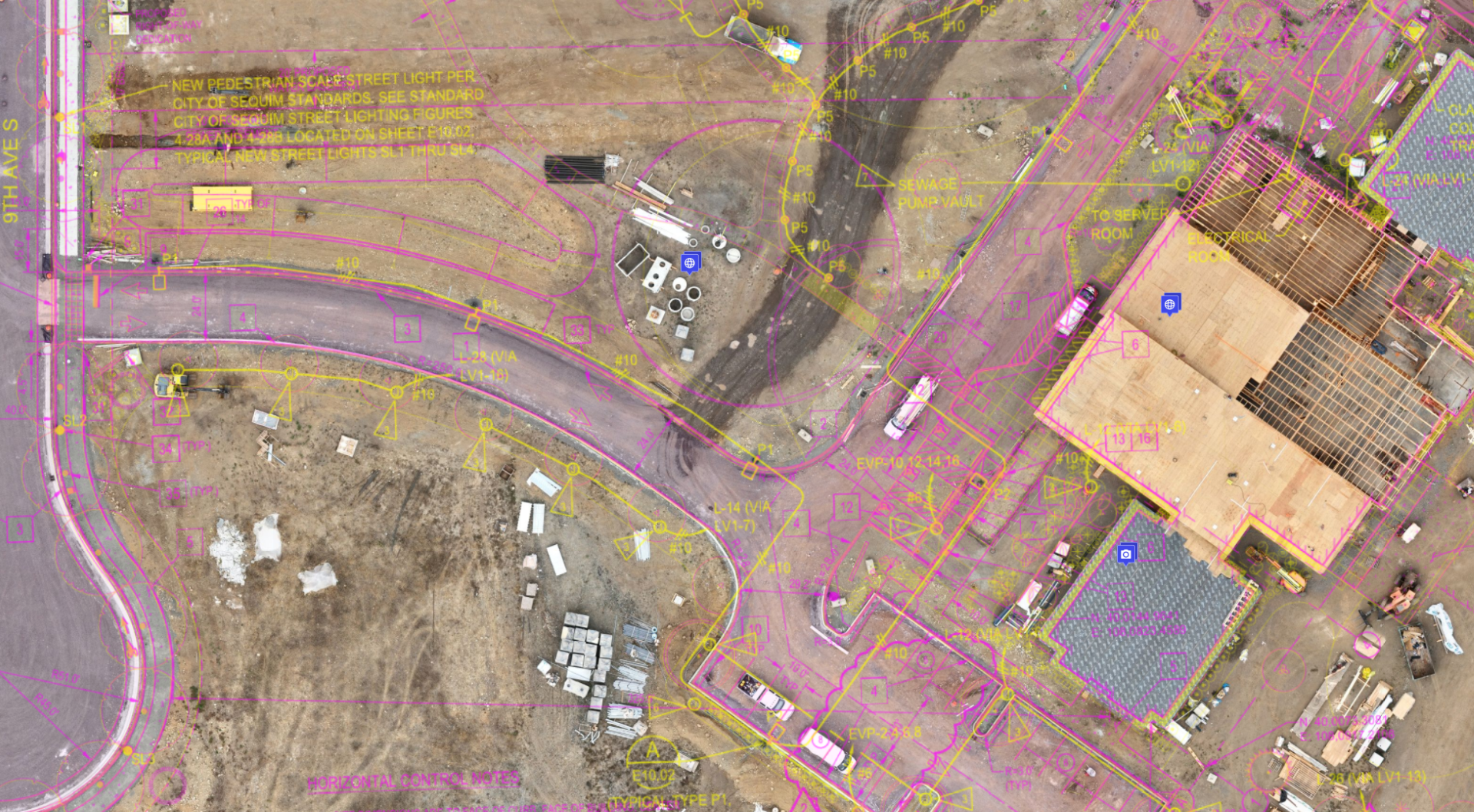Drone aerial view of a project site with an overlaid CAD drawing illustrating layout and logistics planning.
