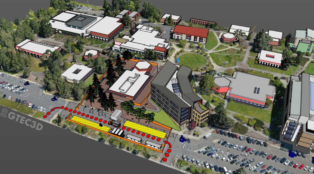 A digital illustration showing various data capture methods (drone flying over a city, a laser scanner icon) converging into a detailed 3D urban model, highlighting technologies used by GTEC3D.