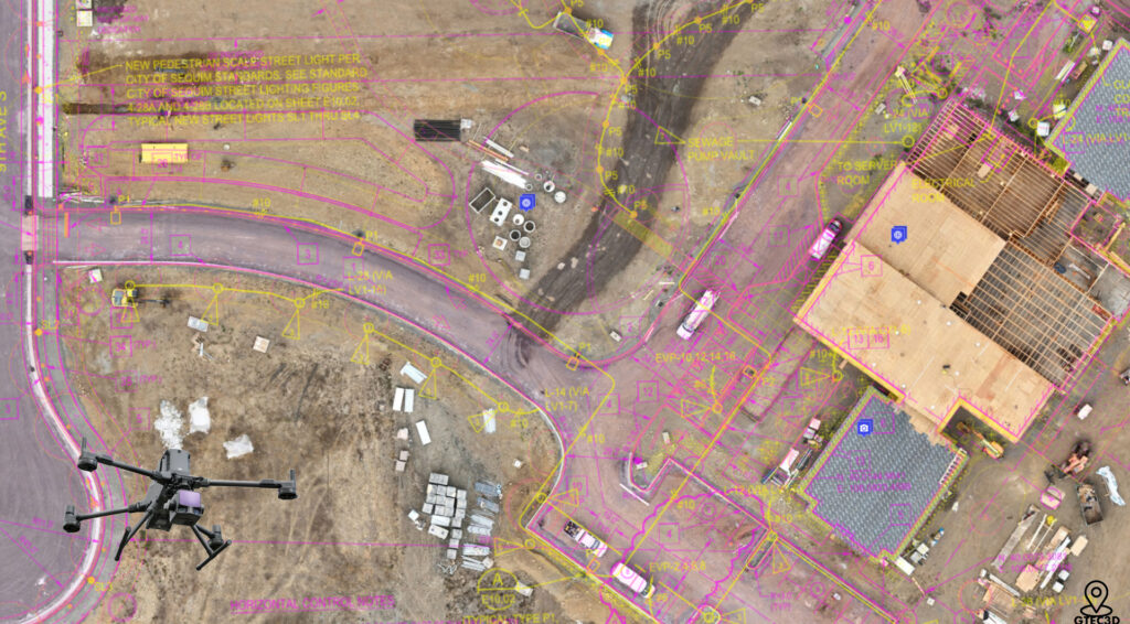 GTEC3d drone operation using a DJI Mavic 4T to capture aerial imagery for a high-resolution orthomosaic site map overlay for construction drawings.