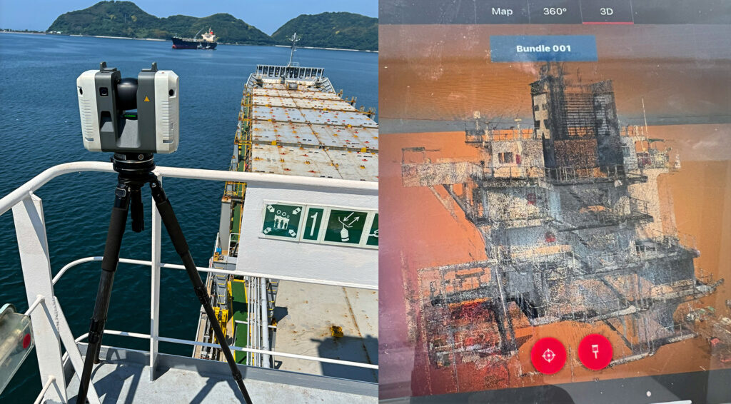 GTEC3D engineer using a Leica RTC360 3D laser scanner inside a ship’s engine room in Japan to survey an area for a new exhaust gas cleaning system (scrubber) installation.
