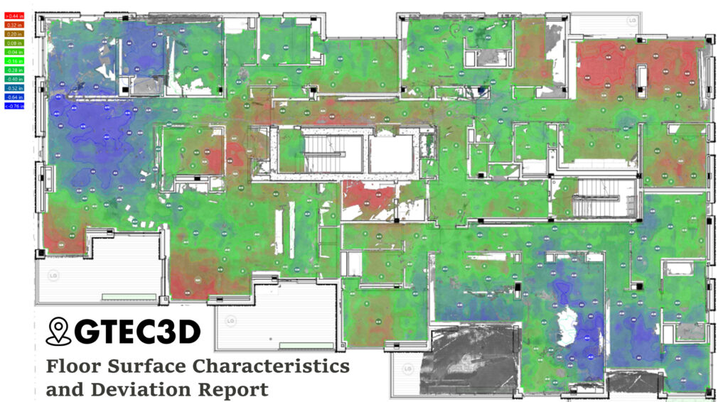 Heatmap showing floor flatness and levelness analysis of a concrete slab for Hacker Architects' Portland project, generated from Leica RTC360 laser scan data.