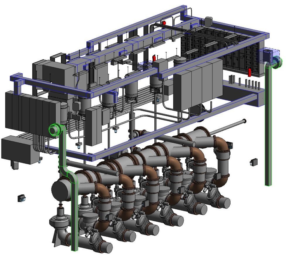 GTEC3D Revit model showing water treatment plant piping layout with interconnected pipes, valves, and fittings.