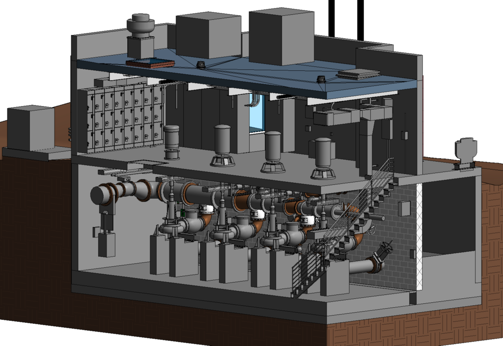 Laser scan showing pumps, piping lockers, stairs, and surrounding wall in a water treatment facility, highlighting tight clearances and complex site conditions.