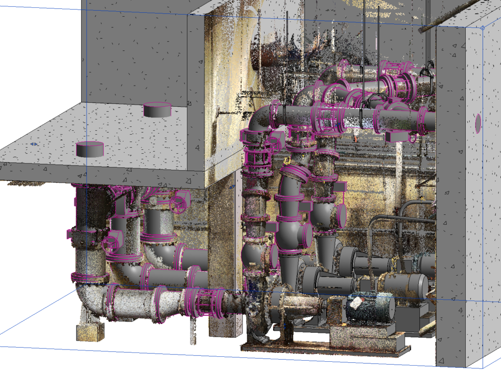 GTEC3D Revit model of water treatment plant piping overlaid with laser scan data, showing a highly congested area with dense piping that makes site surveying difficult.