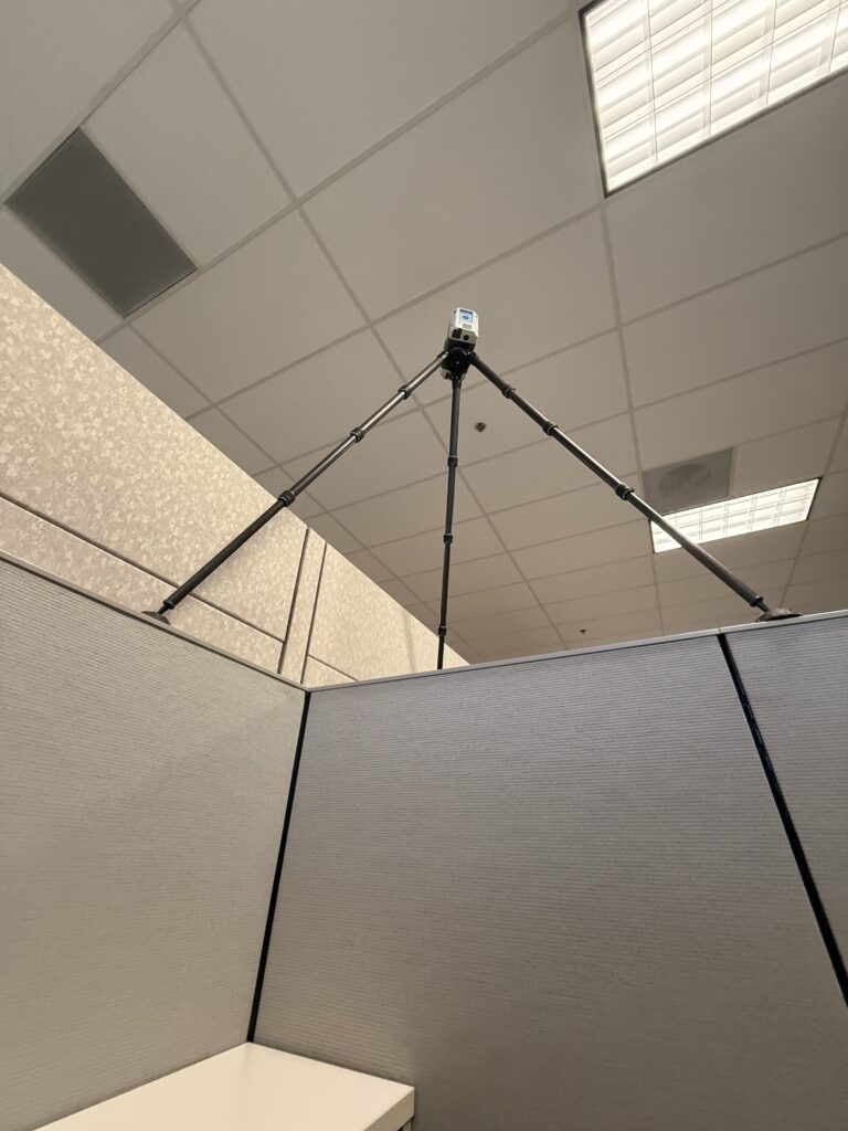 Leica RTC360 3D laser scanner mounted on office dividers during a rapid-response survey at the former Lowe's Corporate Headquarters in North Carolina.