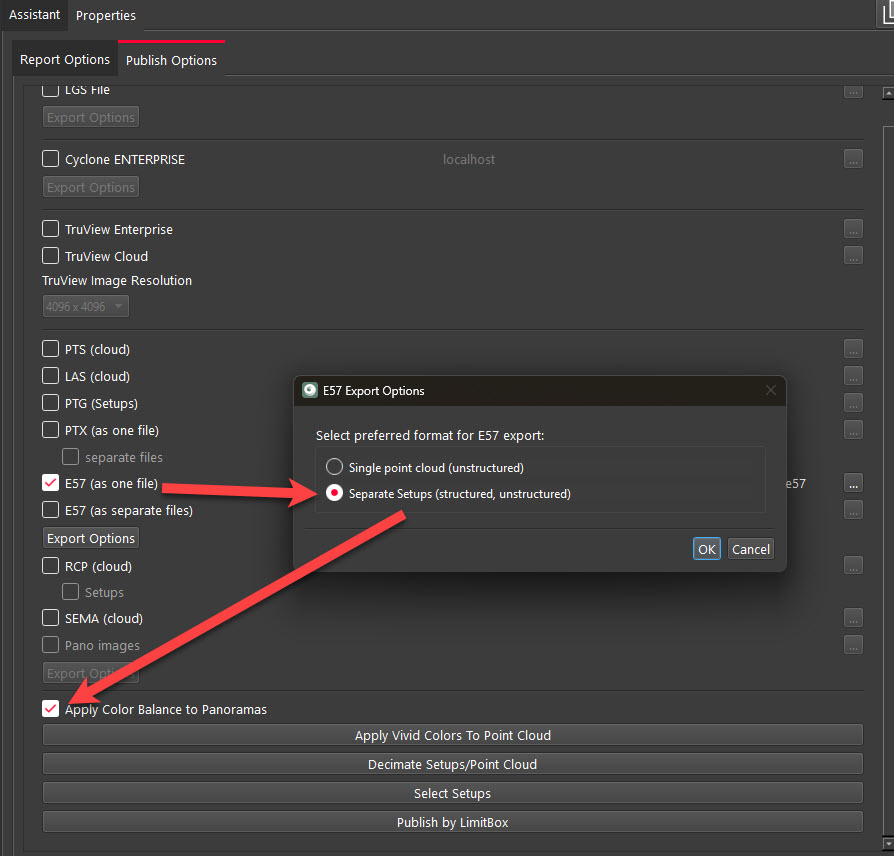 Screenshot of Leica Geosystems REGISTER 360 export settings panel showing E57 configuration options optimized for Matterport import, including structured point cloud selection.