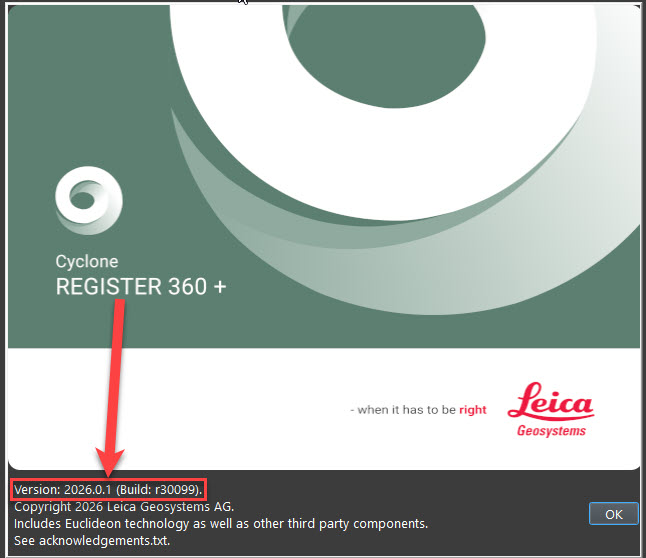 Screenshot of Leica Geosystems REGISTER 360 version 2026.01 showing Matterport-optimized E57 export settings with structured scan data enabled.
