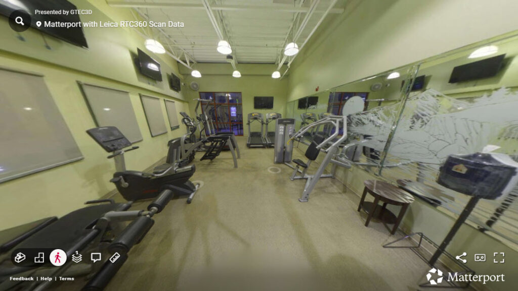 Screenshot of a GTEC3D project displayed in Matterport showing an interactive digital twin with navigable scan positions.