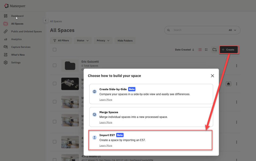 Screenshot of GTEC3D workflow showing Matterport E57 file import settings configured for structured point cloud data.